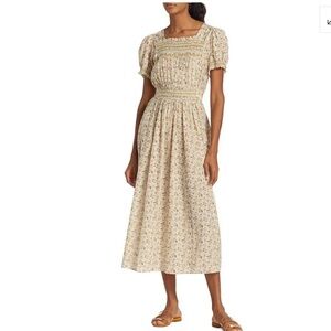 NWT Doen Castalia cotton tie waist Feathered Print Dress